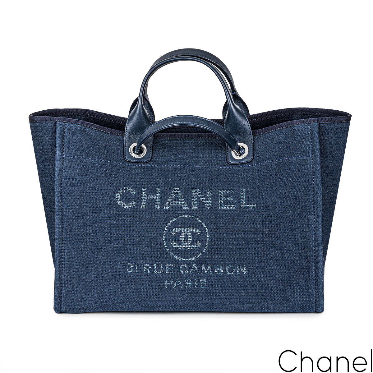 Chanel Deauville Drawstring Bucket Bag Lurex Canvas Medium Blue at 1stDibs